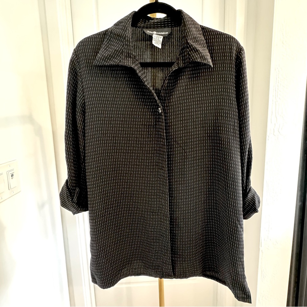 Women's Black Gray Long Roll Up Sleeve Button Down Top Size 12 Flowy Academia